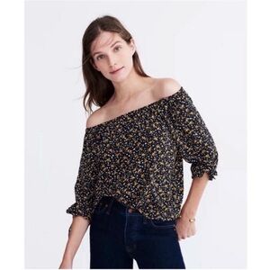 Madewell Falling Leaves top black silk off the shoulder ties